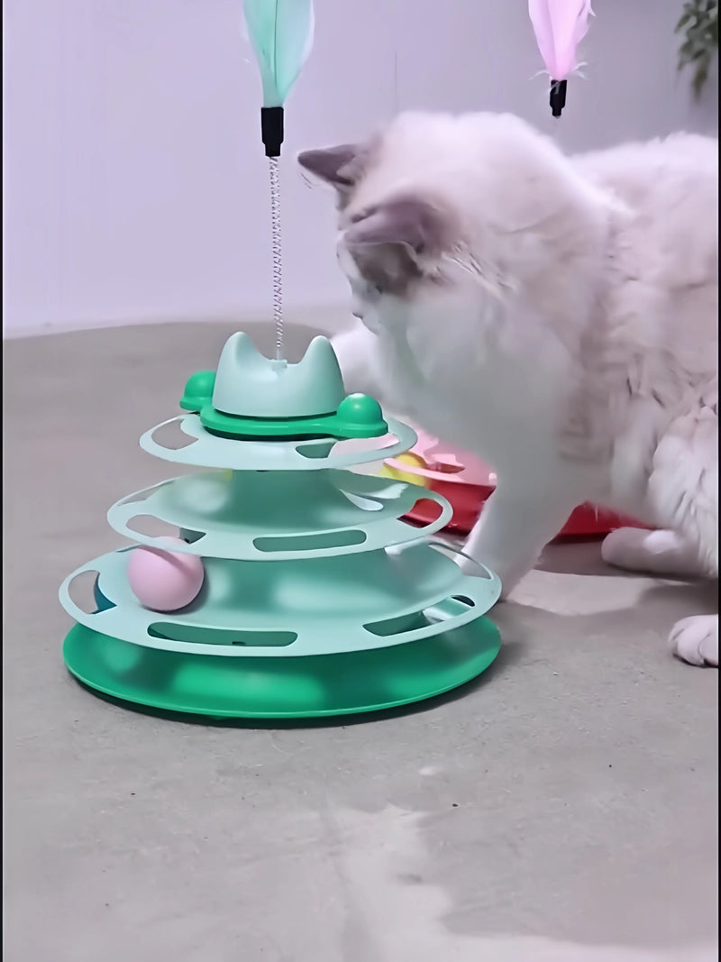 Brinquedos para gatos com pista rotativa de quatro camadas, bola de penas, vara interativa para gatos